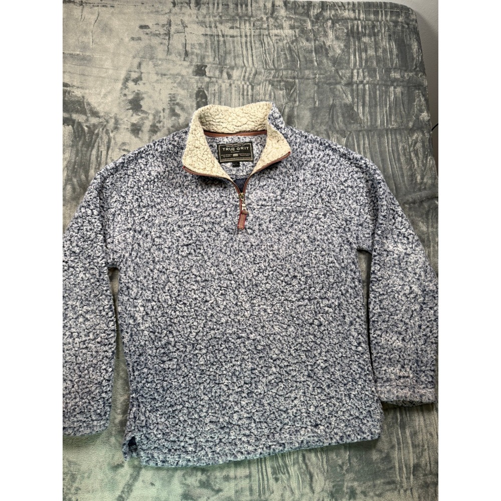 True Grit Pullover Mens XS Blue Frosty Tipped Pile 1/4 Zip Sherpa Fleece Sweater